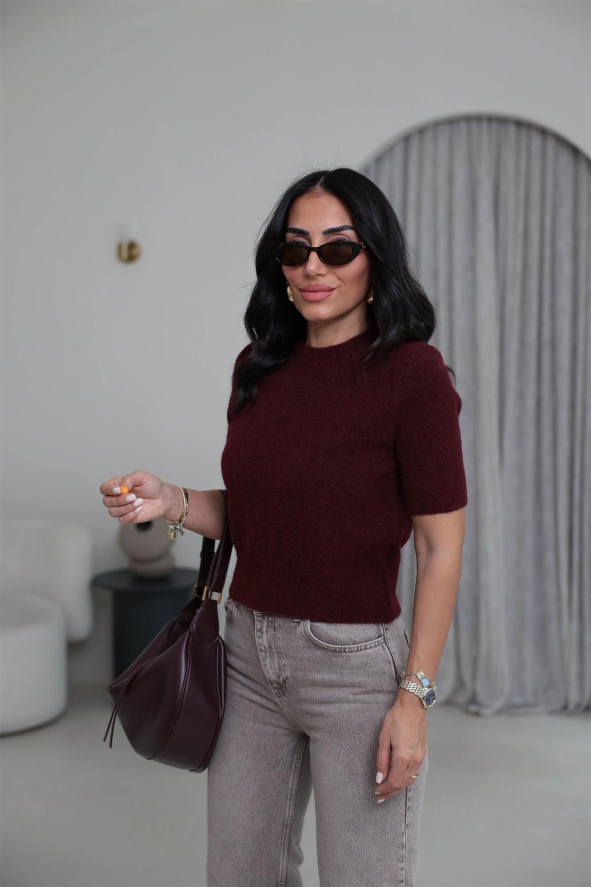 4767 Bisiklet Yaka Kısa Kol Triko Bluz BORDO