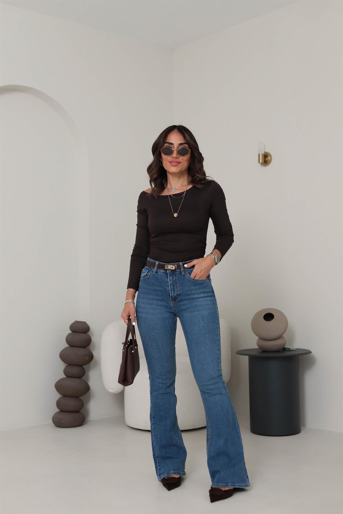 1007 Asimetrik Yaka Yanları Drapeli Modal Bluz ACI KAHVE