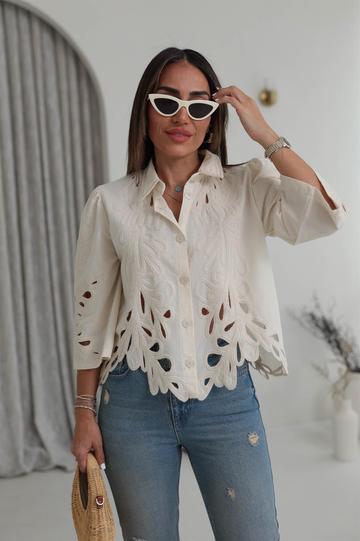 284 Truvakar Kol Lazer Kesim Nakış İşlemeli Koton Gömlek NATURAL