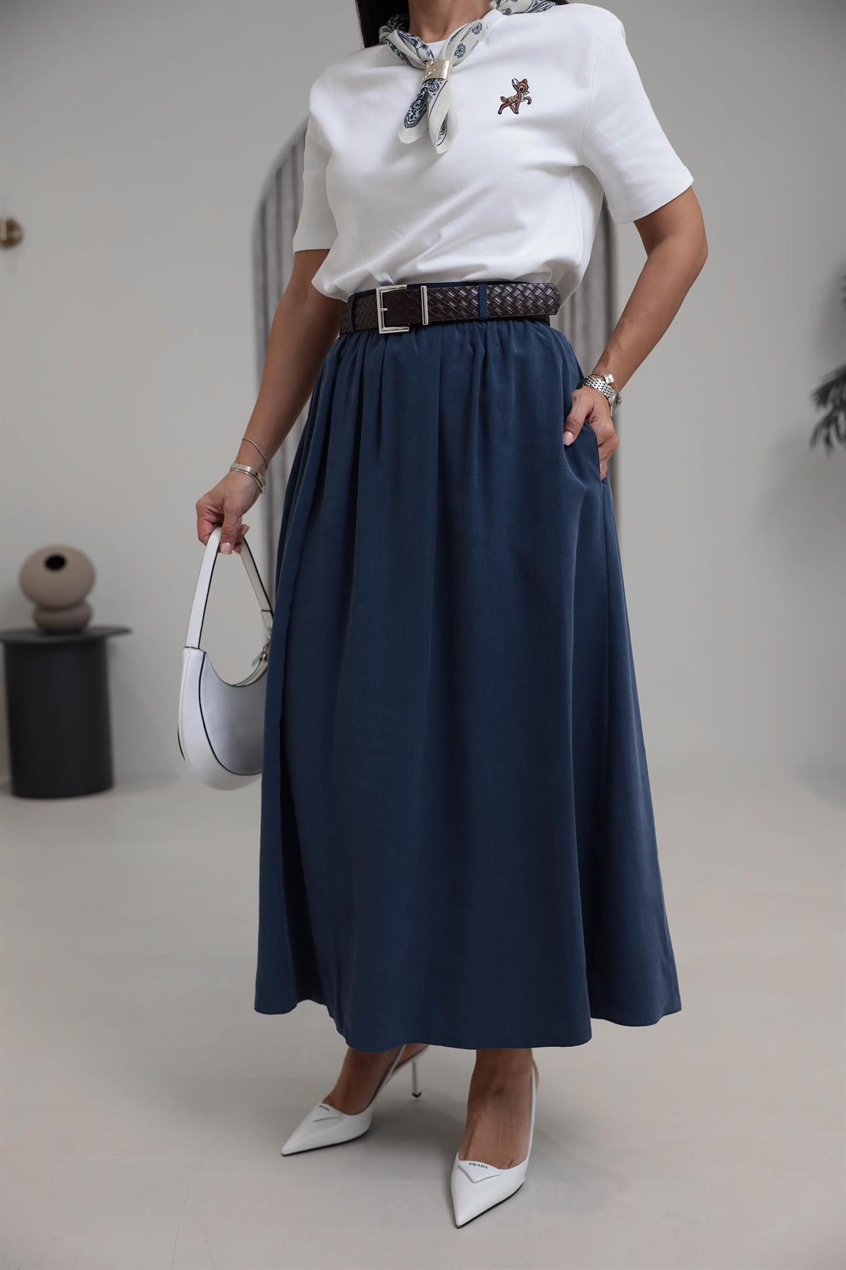 0727 Kemerli Tencel Etek Indigo