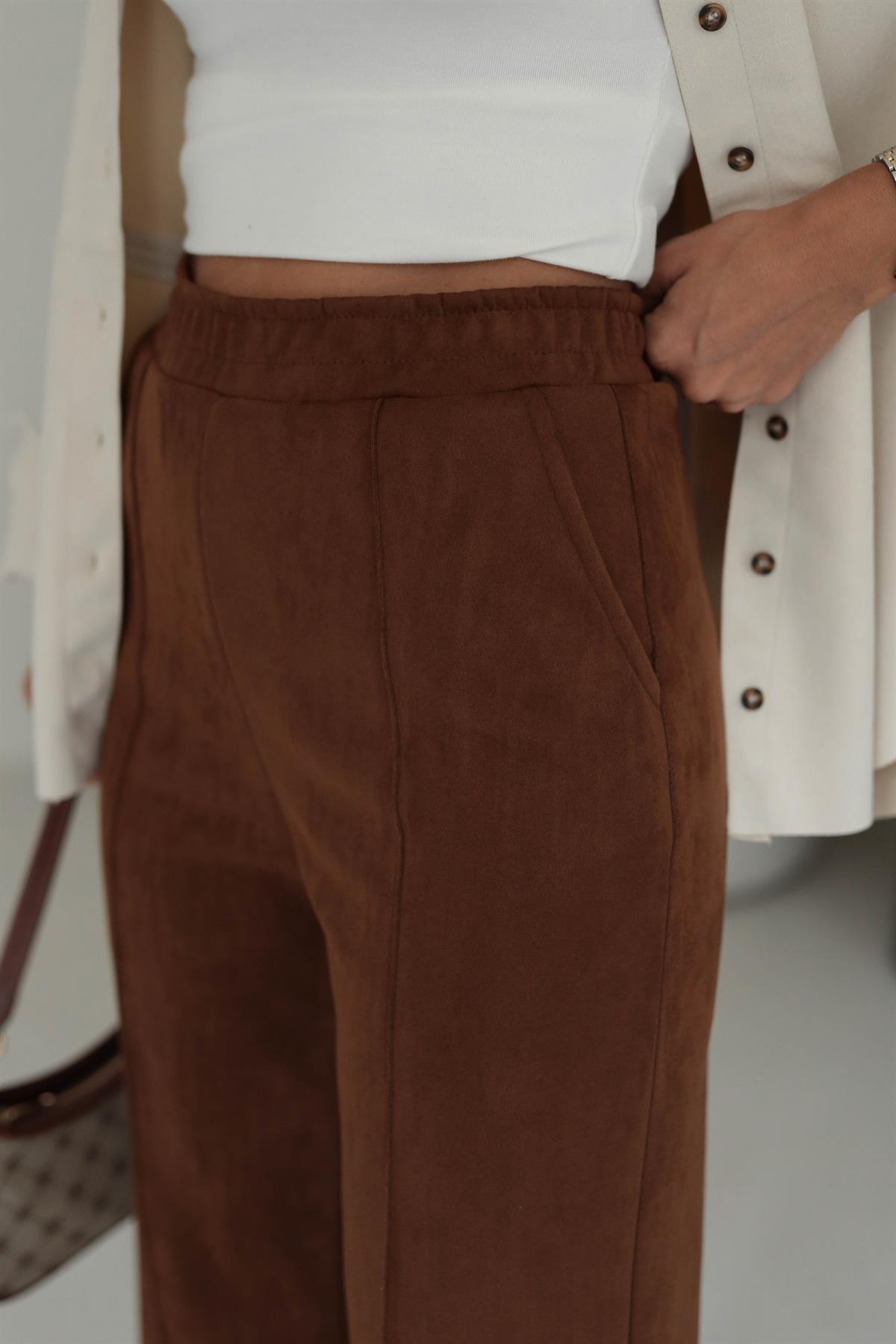 6632 Bel Lastikli Bol Nubuk Pantolon