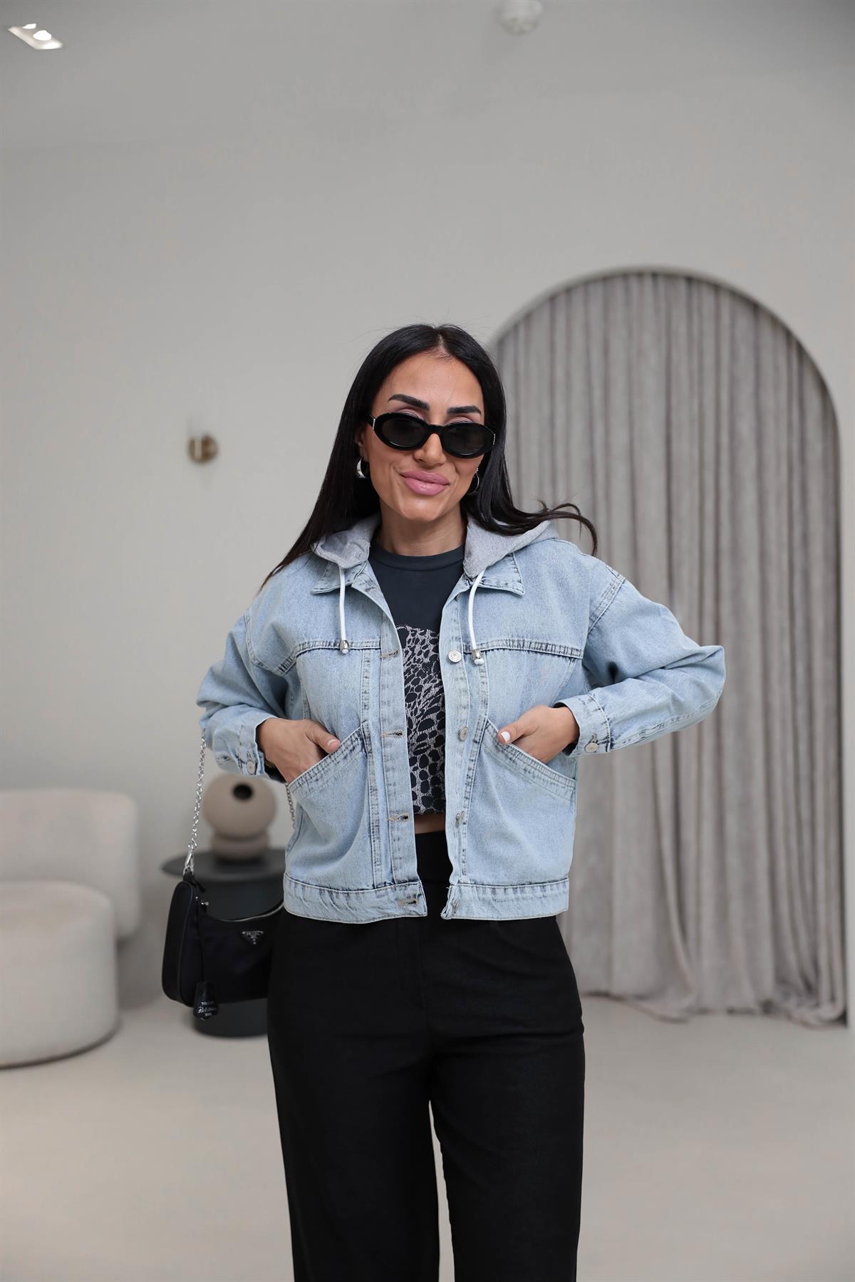 5039 Penye Kapüşonlu Kot Ceket BUZ MAVİ