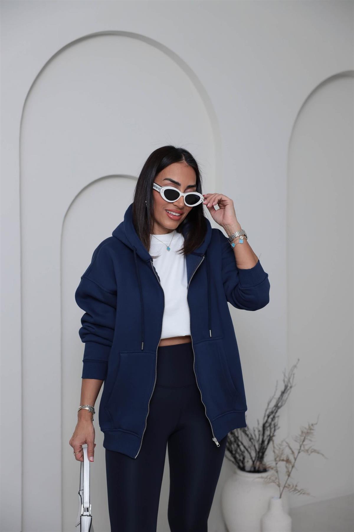 1003 3 İplik Şardonlu Kapşonlu Fermuarlı Ceket LACİVERT