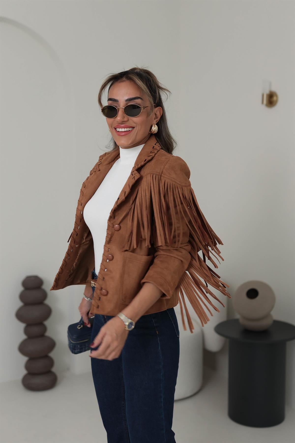 5505 Püskül Detaylı Süet Ceket TABA