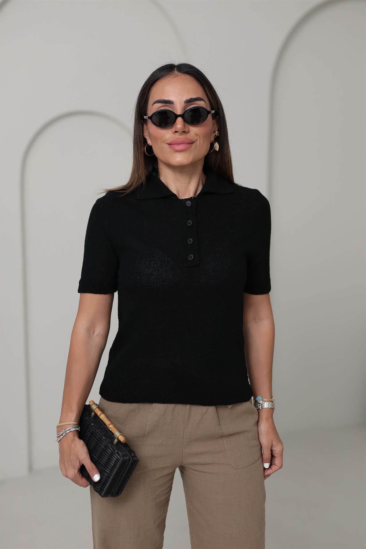 5237 Polo Yaka Düğmeli Triko Bluz SİYAH