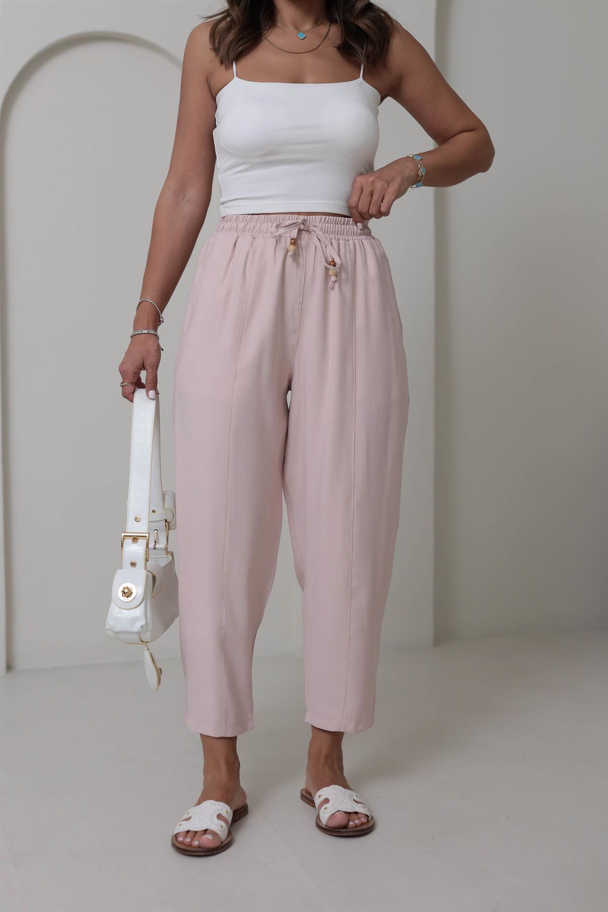 6703 Bel Lastikli Tencel Dokulu Boncuklu Pantolon PUDRA