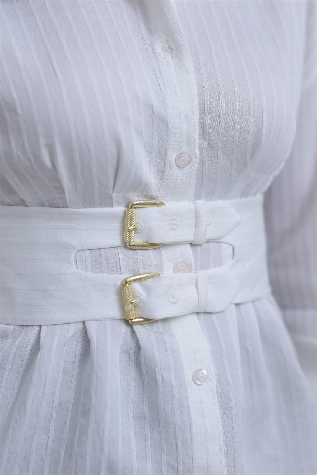 0867 Kol Manşetli Kemer Detaylı Gömlek EKRU