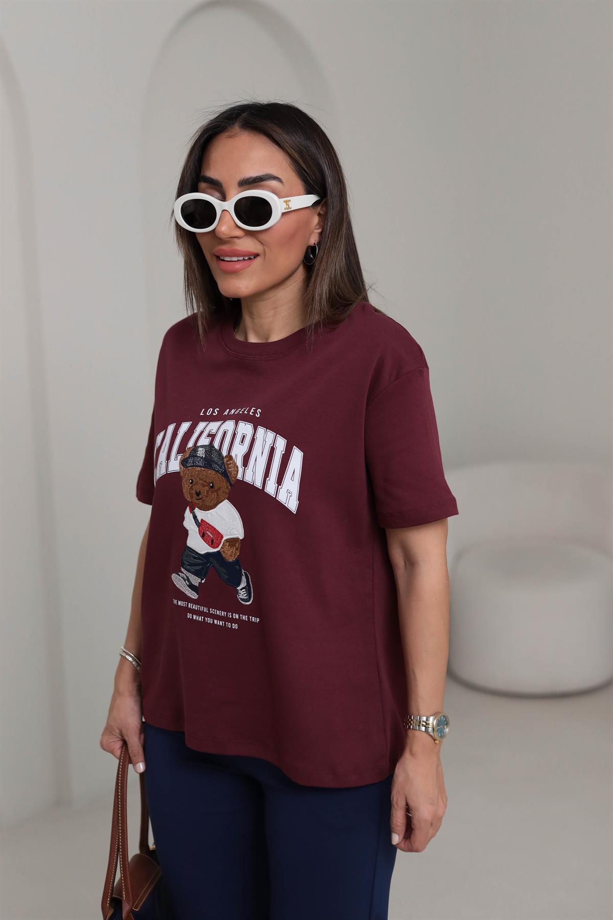 0295 Bisiklet Yaka Tedy Nakışlı Koton Tshirt BORDO