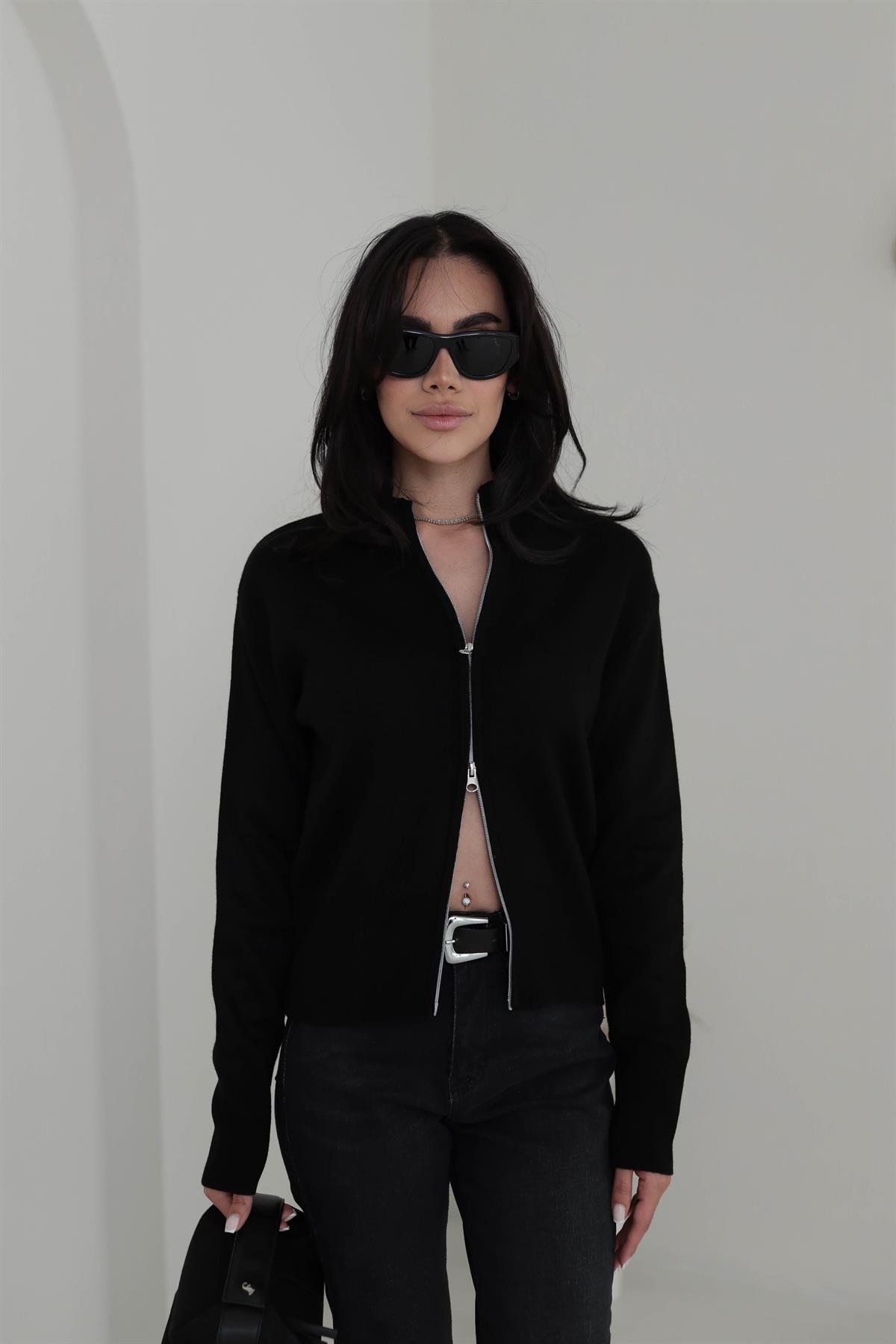 1042 Dik Yaka Çift Fermuarlı Triko Hırka SİYAH