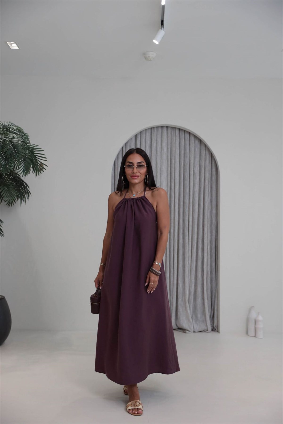 1627 Boyundan Büzgülü Tencel Maxi Elbise BORDO