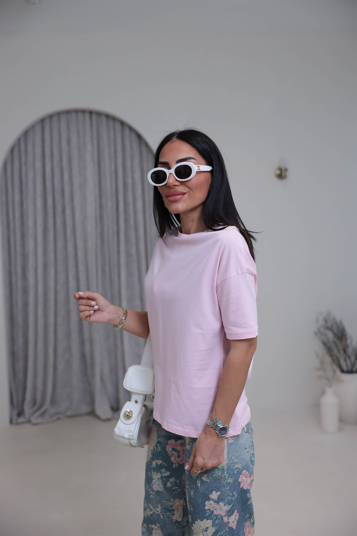 3683Y Bisiklet Yaka Pamuklu Basic Tshirt PEMBE