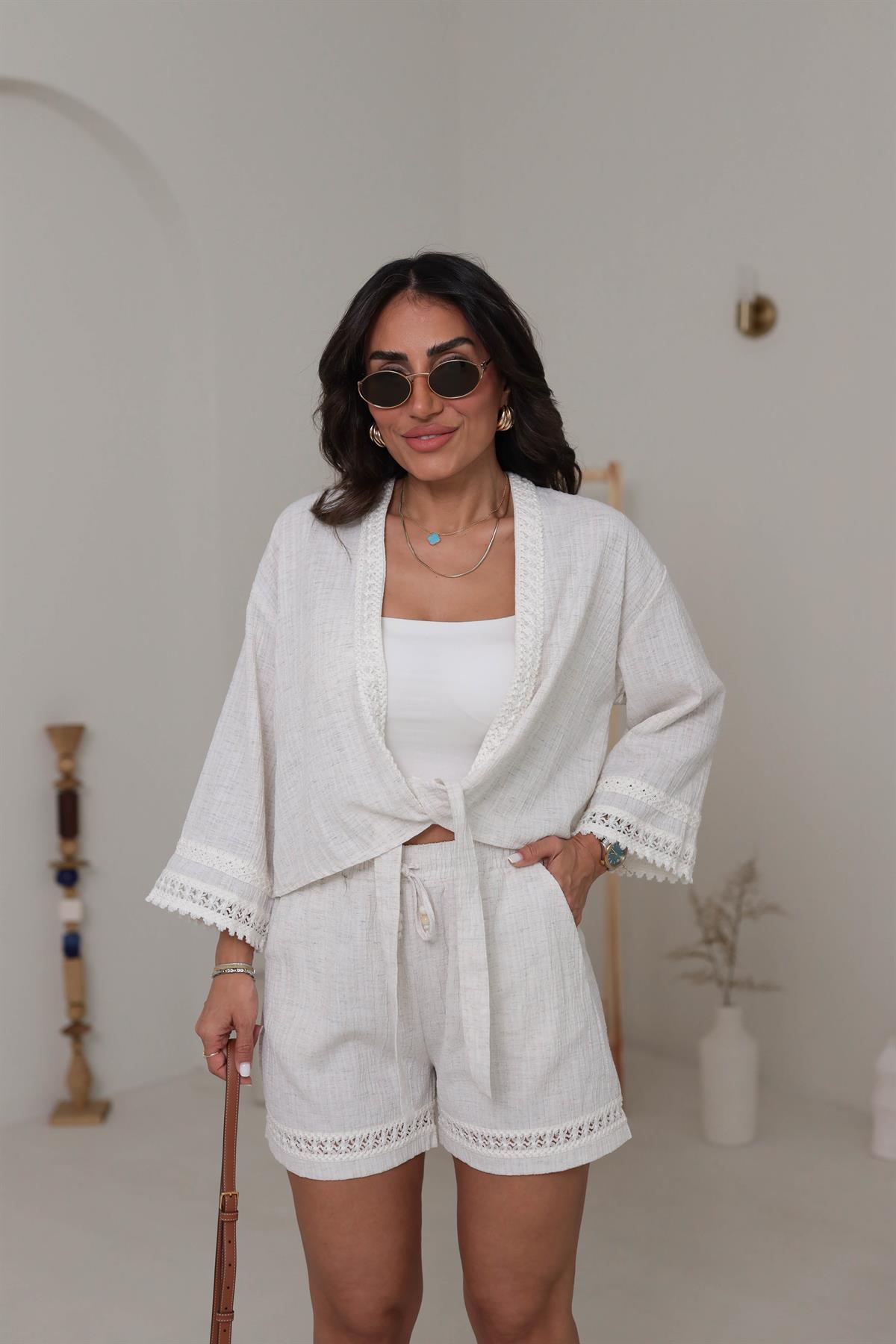 0357 İşlemeli Bel Bağlamalı Krinkıl Kimono NATURAL