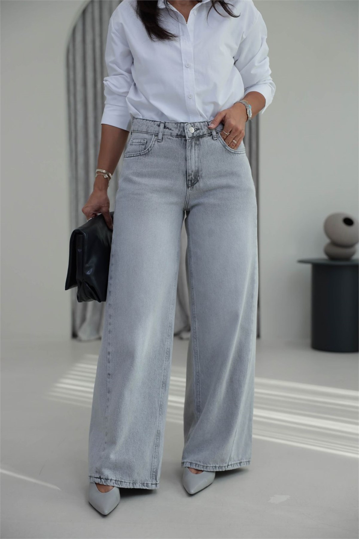 1020 Renk Yıkama Detaylı Wide Leg Denim Pantolon GRİ