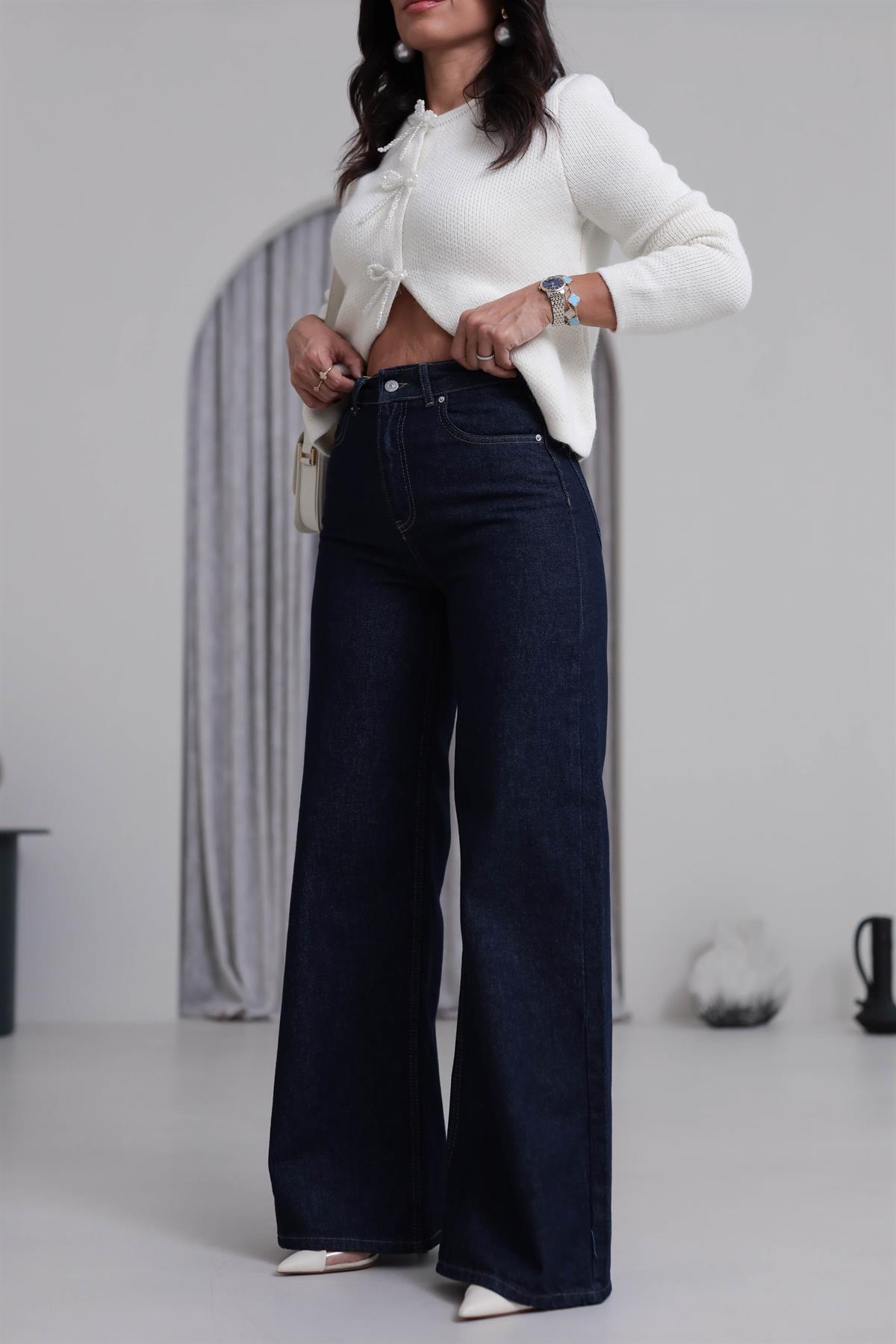 1706 Yüksek Bel Rins Yıkama Geniş Pantolon LACİVERT