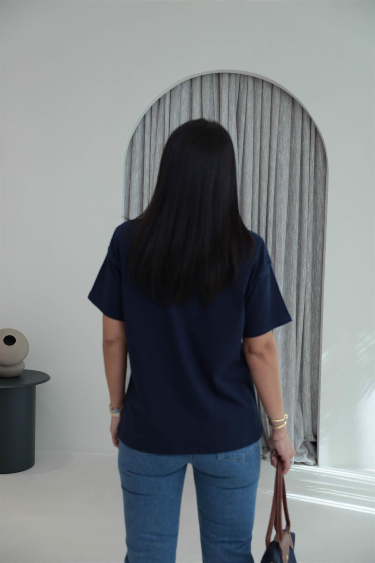 7514 Bisiklet Yaka Teddy Aplikeli Tshirt LACİVERT