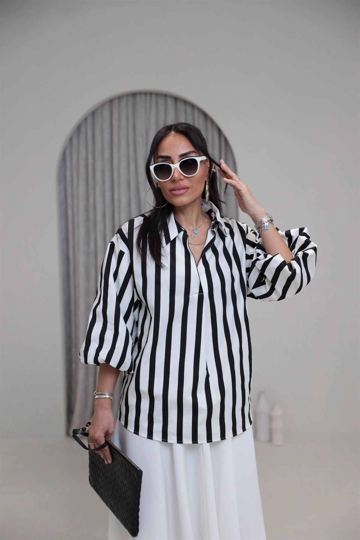 2288 Gömlek Yaka Balon Kol Çizgili Poplin Bluz SİYAHBEYAZ