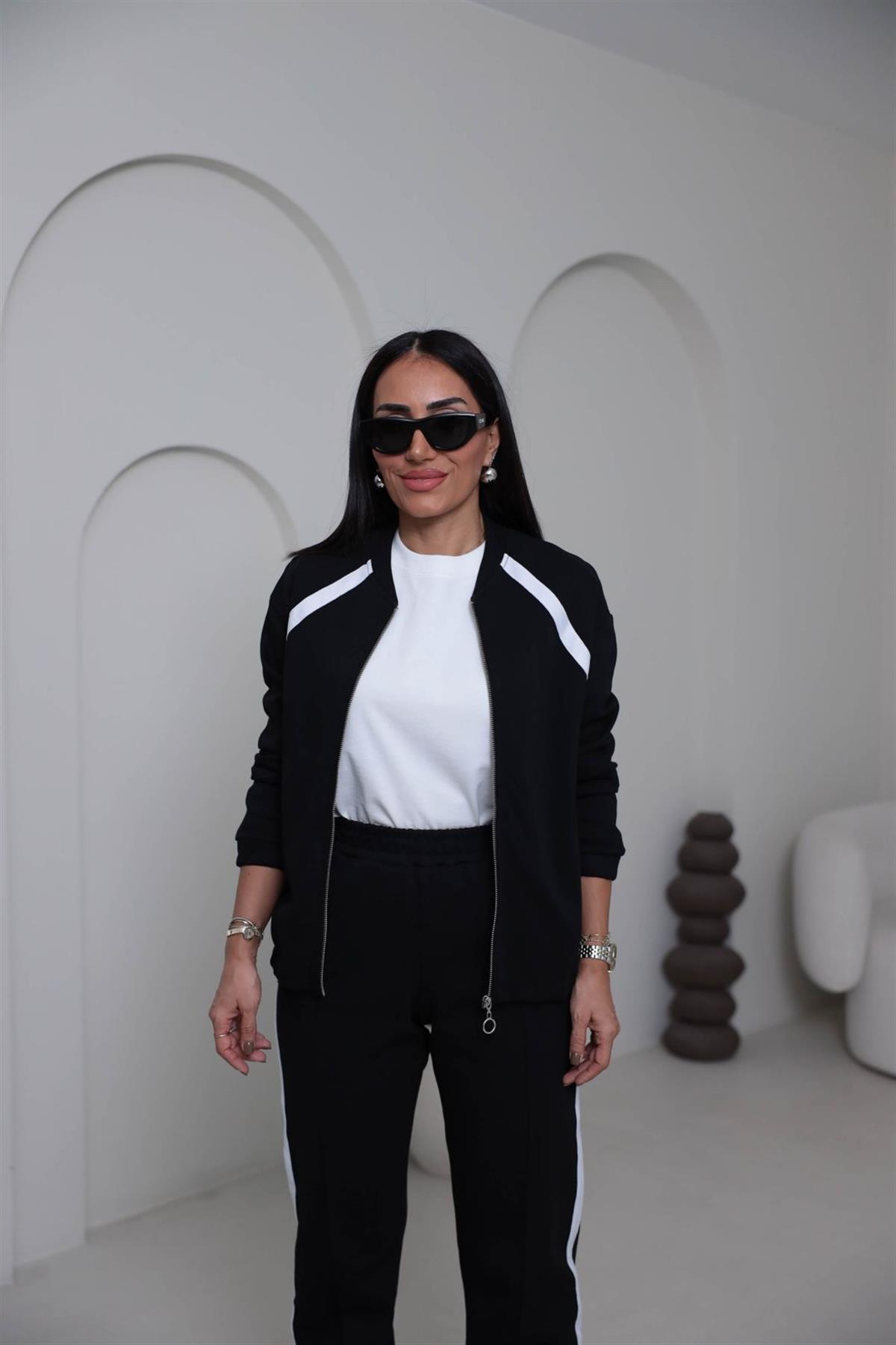 2031 Şerit Detay Fermuarlı Pike Kumaş Takım SİYAH