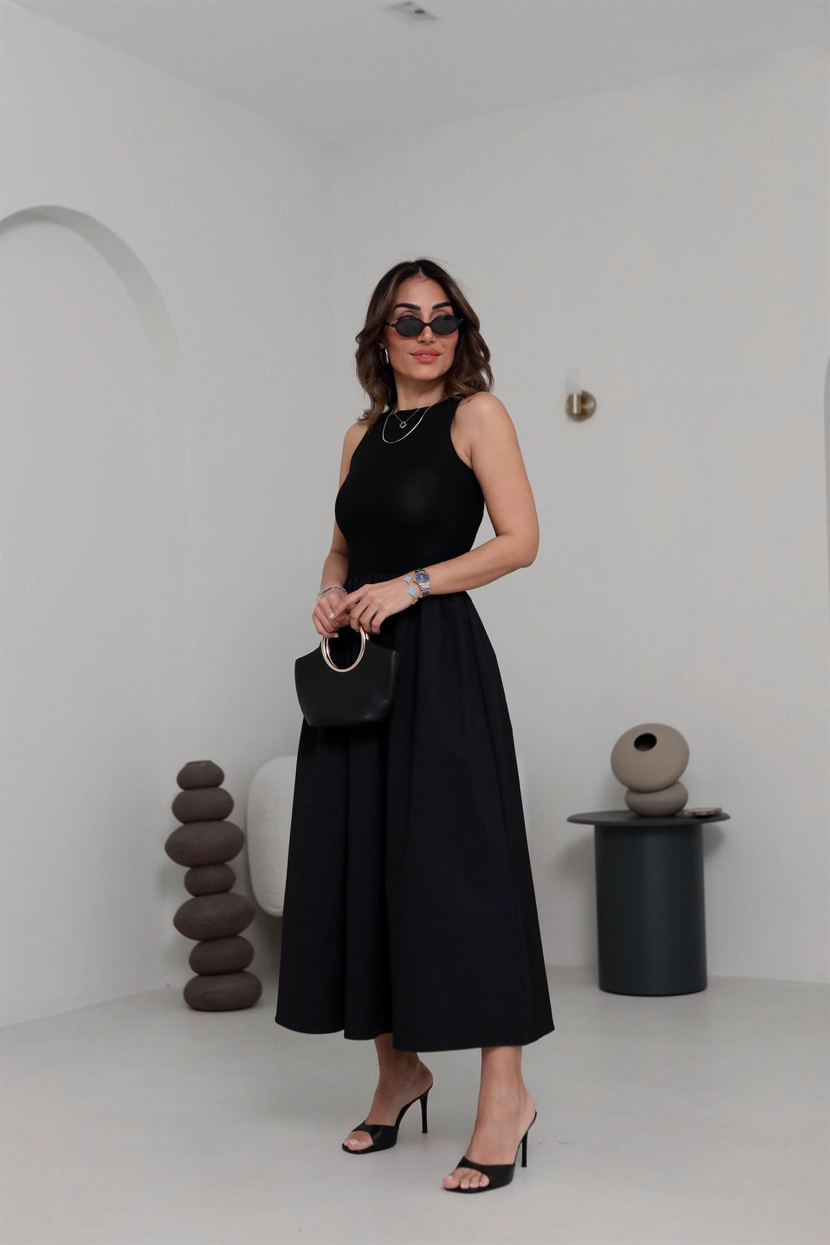 2068 Sıfır Kol Parçalı Poplin Elbise SİYAH