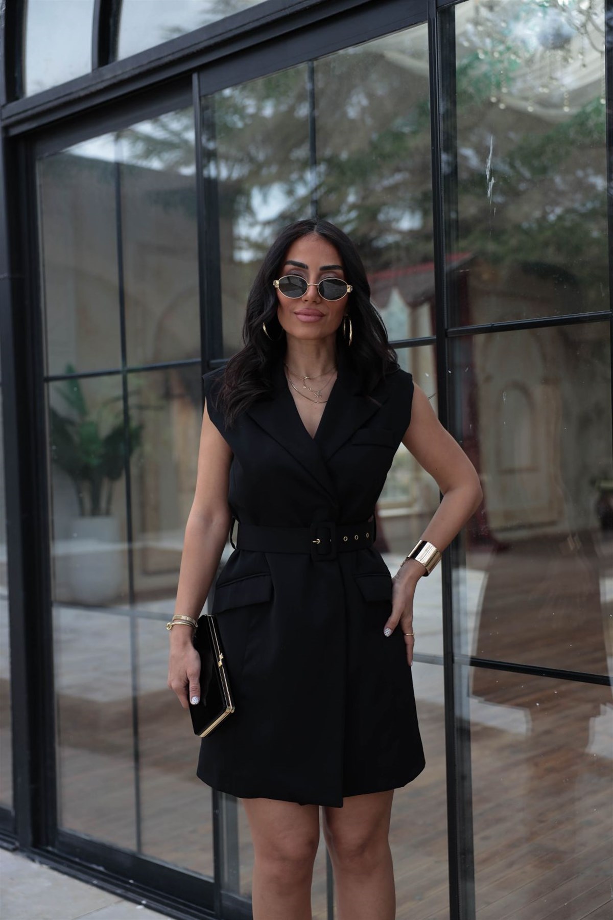 7281 Beli Kemerli Mini Elbise SİYAH