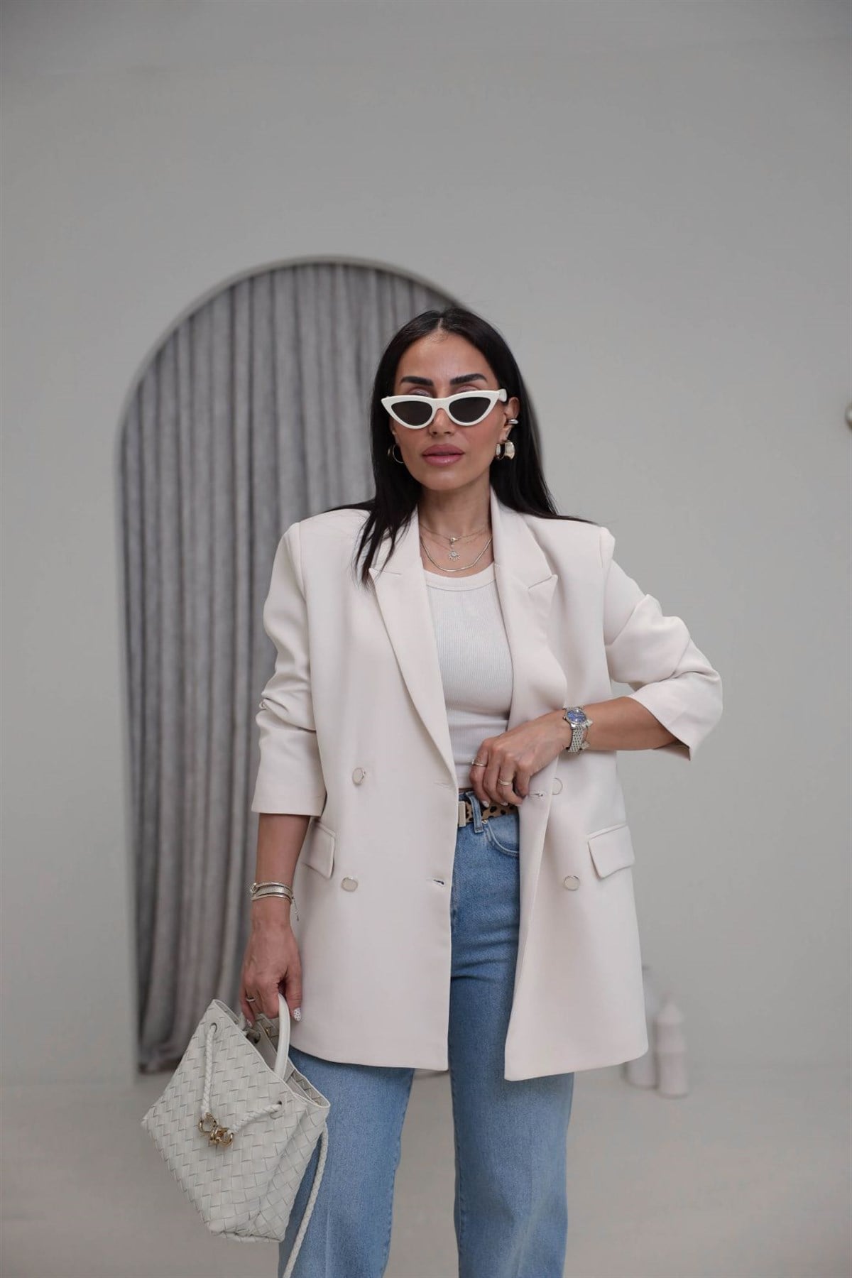4512 Vatkalı Çift Düğme Detaylı Blazer Ceket KREM