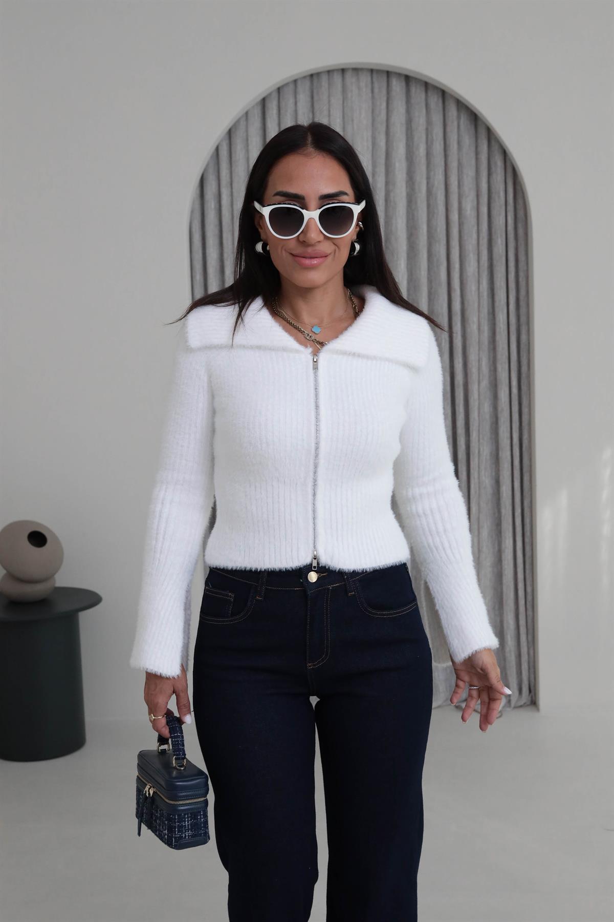 4952 Çift Fermuarlı Kol Yırtmaçlı Triko Hırka Bluz EKRU