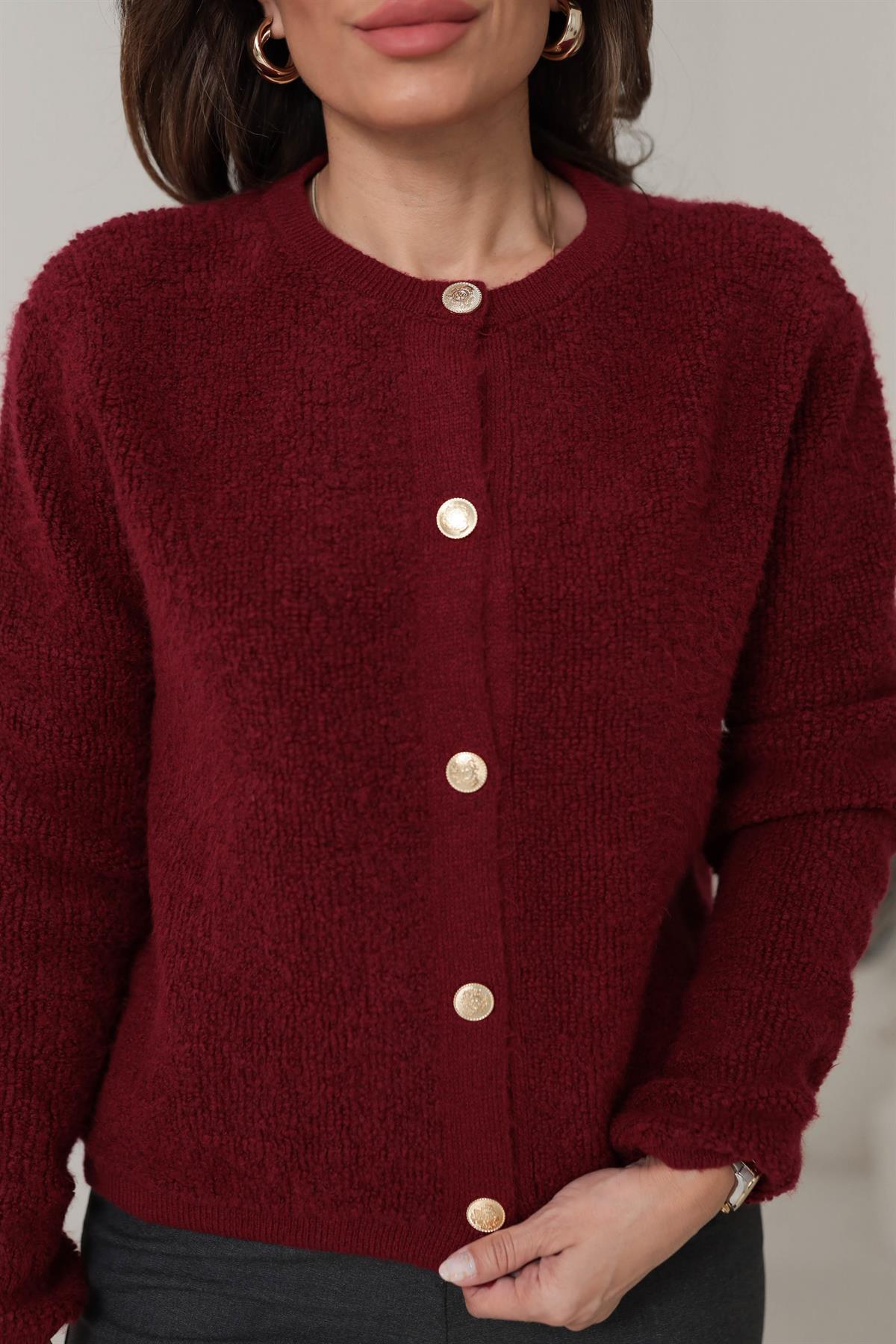 371 Gold Düğmeli Teddy Hırka BORDO