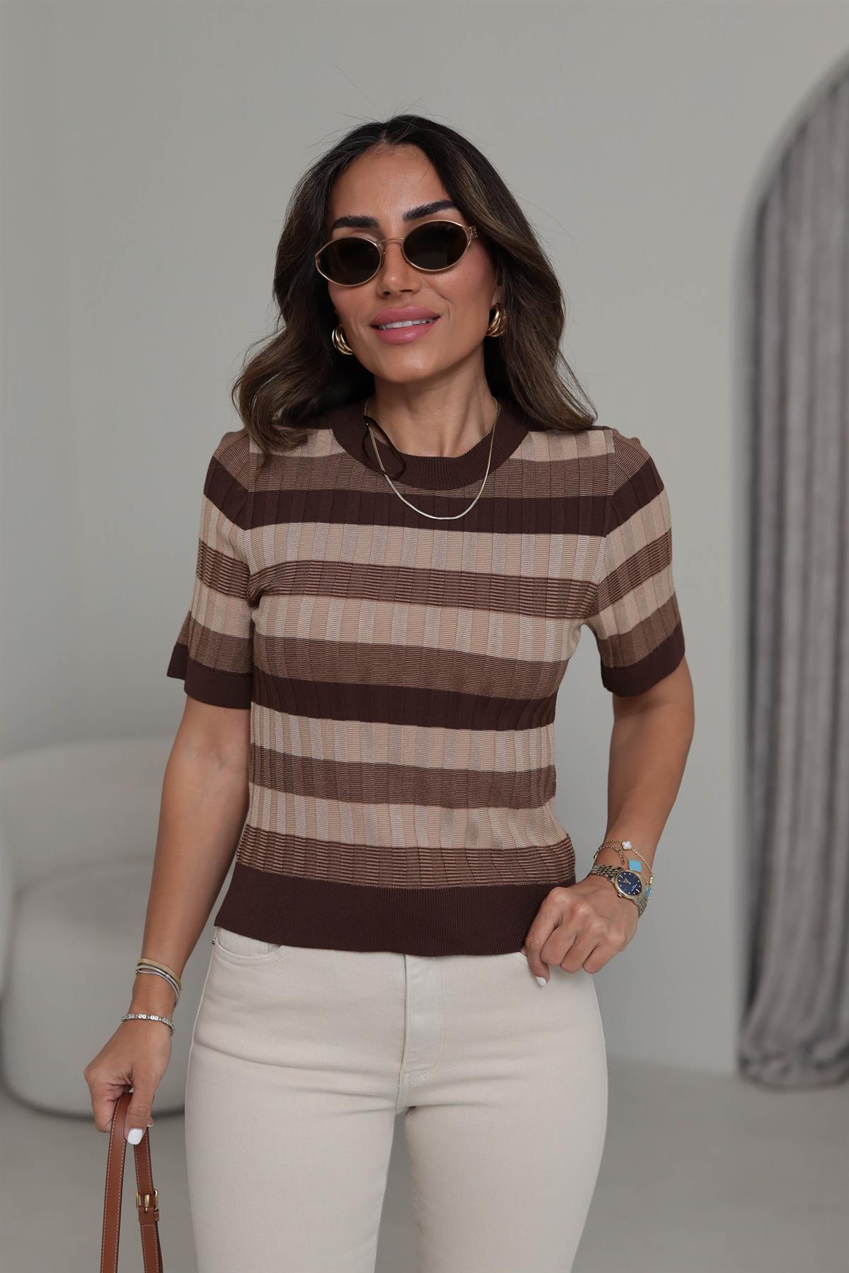 0734 Bisiklet Yaka Çizgili Yumuşak Triko Bluz KAHVE