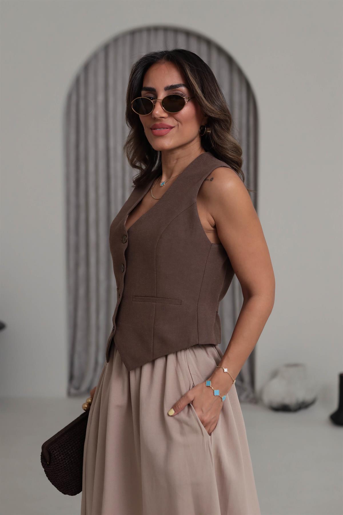 1144 Arka Toka Detay Terni Yelek KAHVE