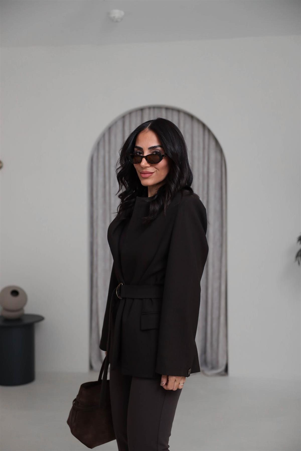 1284 Vatkalı Kemerli Balıksırtı Blazer Ceket KAHVE