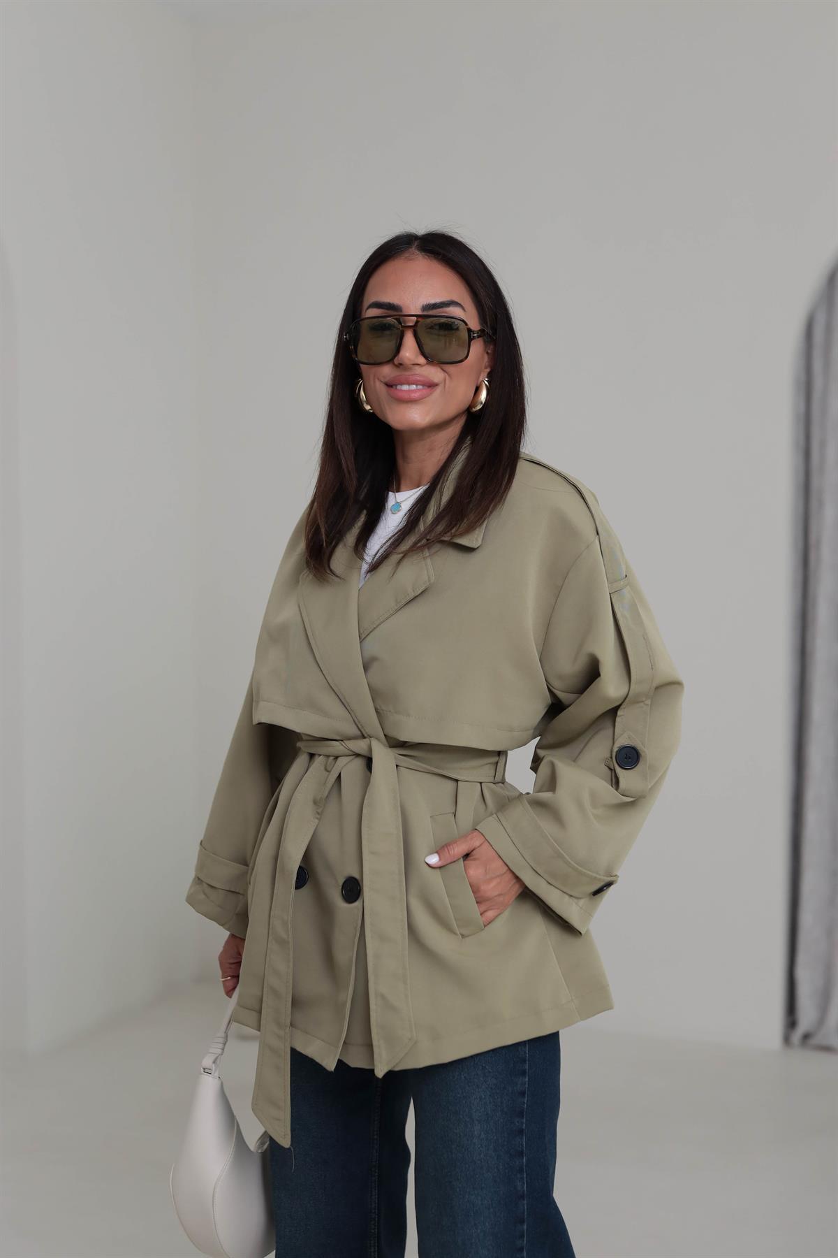 2019 Apoletli Kuşaklı Kısa Trençkot HAKİ YEŞİL