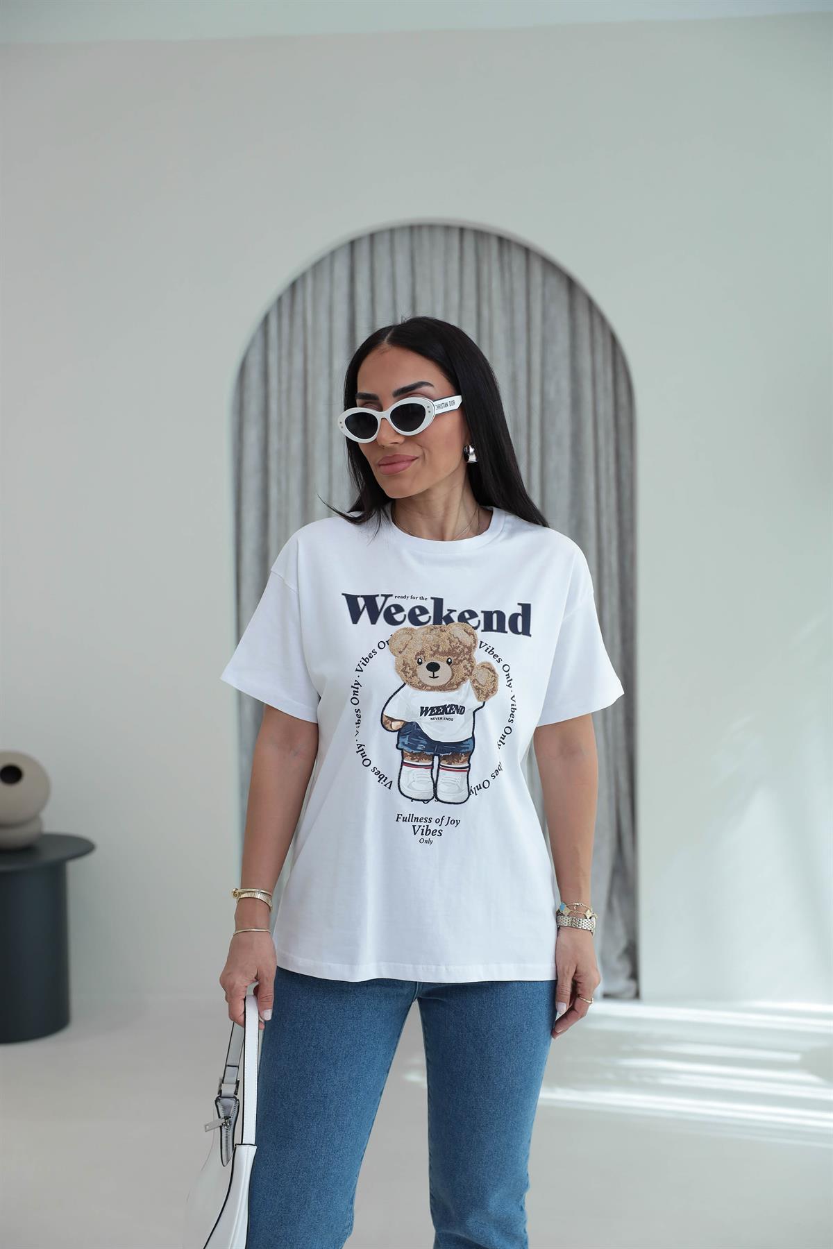 7514 Bisiklet Yaka Teddy Aplikeli Tshirt BEYAZ