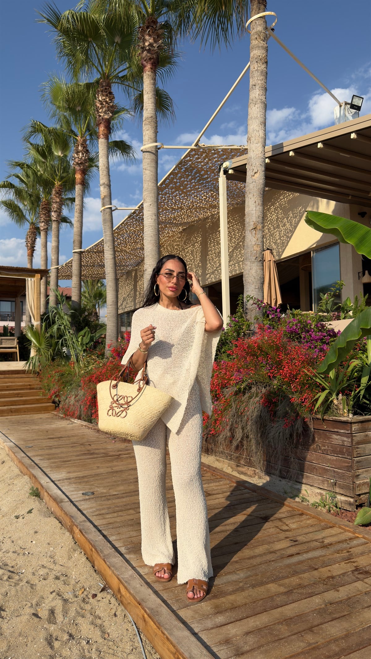 1040 Asimetrik Flora Desen Beach Takım EKRU