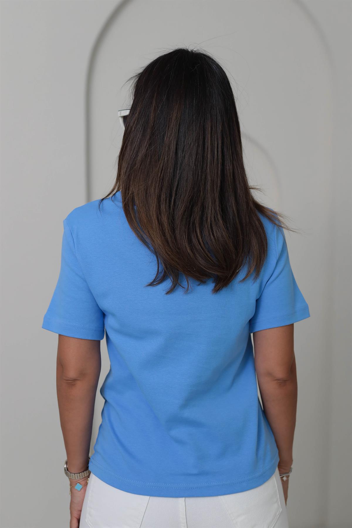 1075 Bisiklet Yaka Pamuklu Basic Tshirt MAVİ
