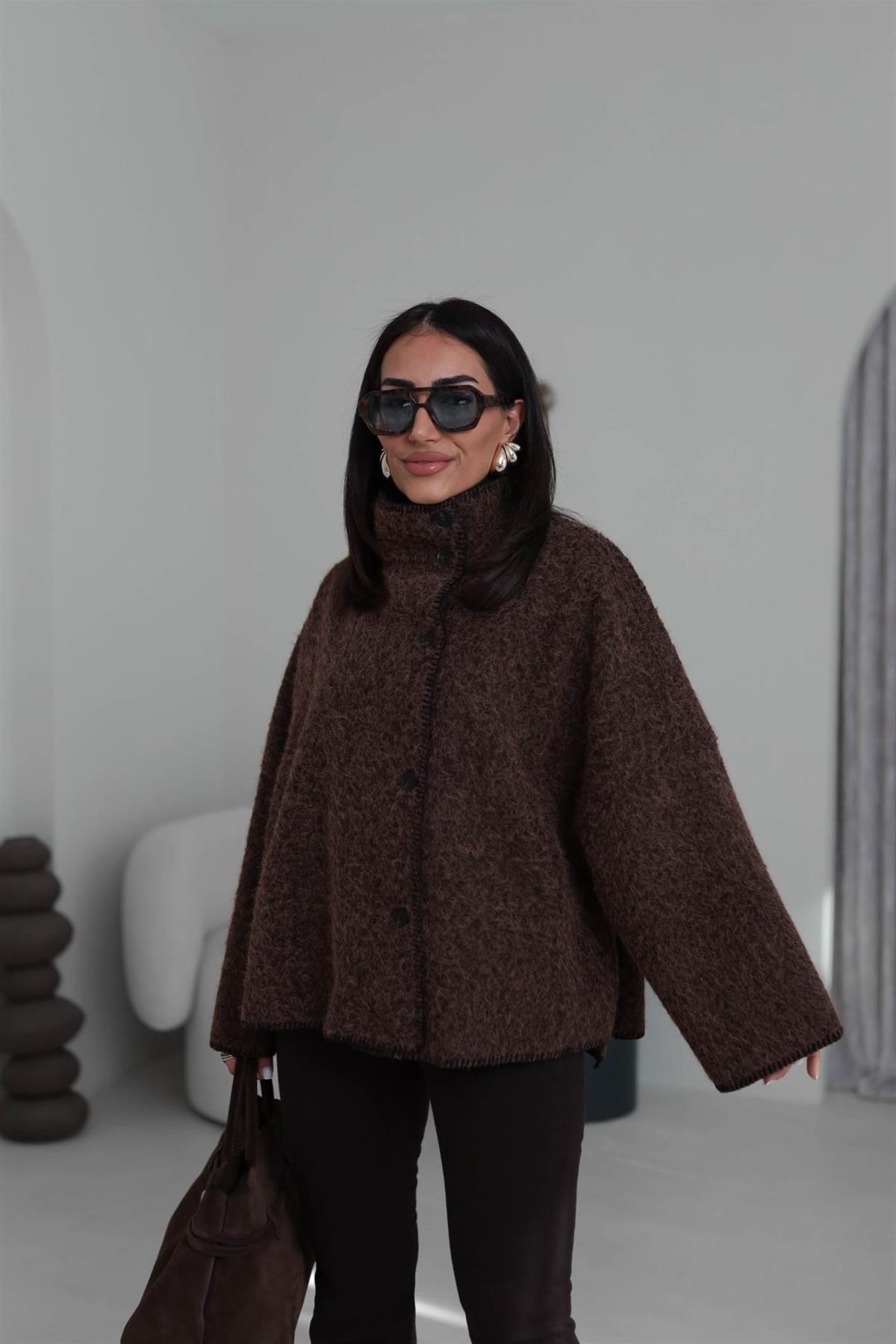 0563 Dikiş Detaylı Dik Yaka Kaşe Ceket ACI KAHVE