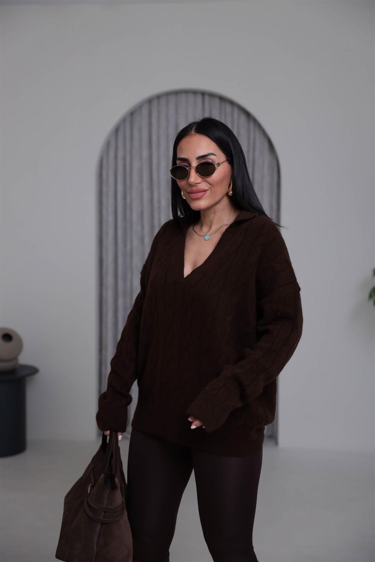 0736 V Yaka Saç Örgü Uzun Kazak KAHVE