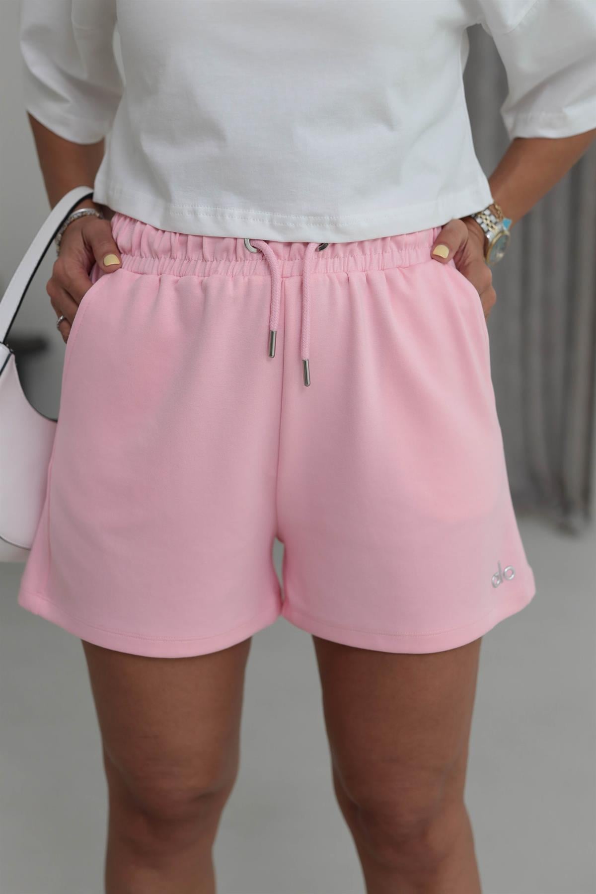 029 Gümüş Yazı Detaylı Modal Kumaş Şort PEMBE