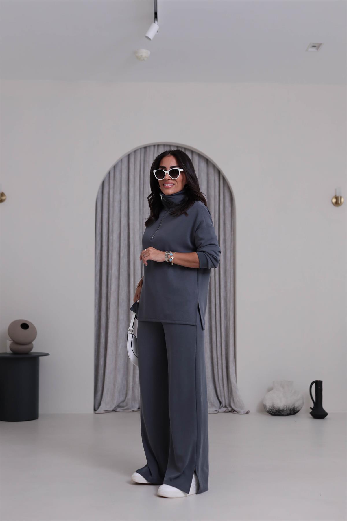 Yanları Yırtmaç Detaylı Yarım Fermuarlı Modal Takım ANTRASİT