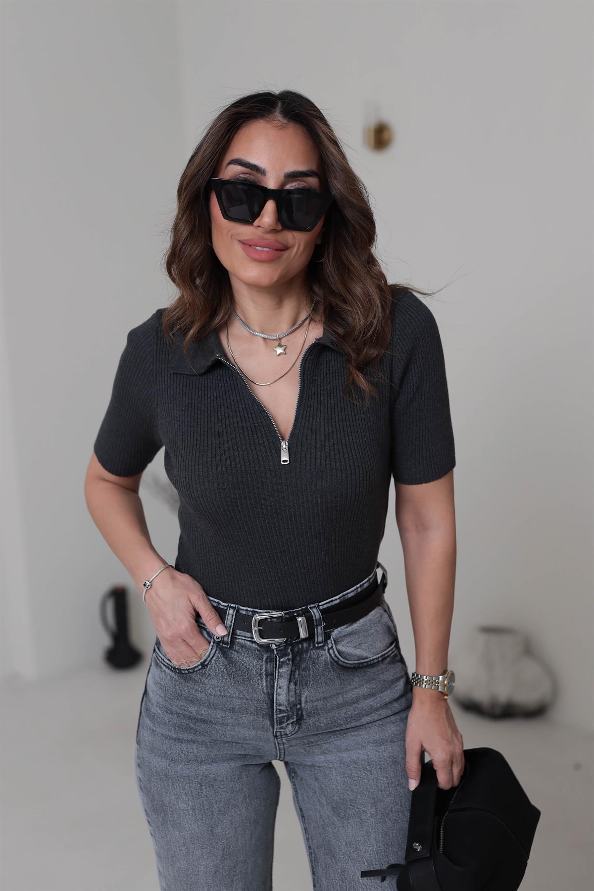 Yarım Fermuarlı Kısa Kol Fitilli Triko Buluz ANTRASİT