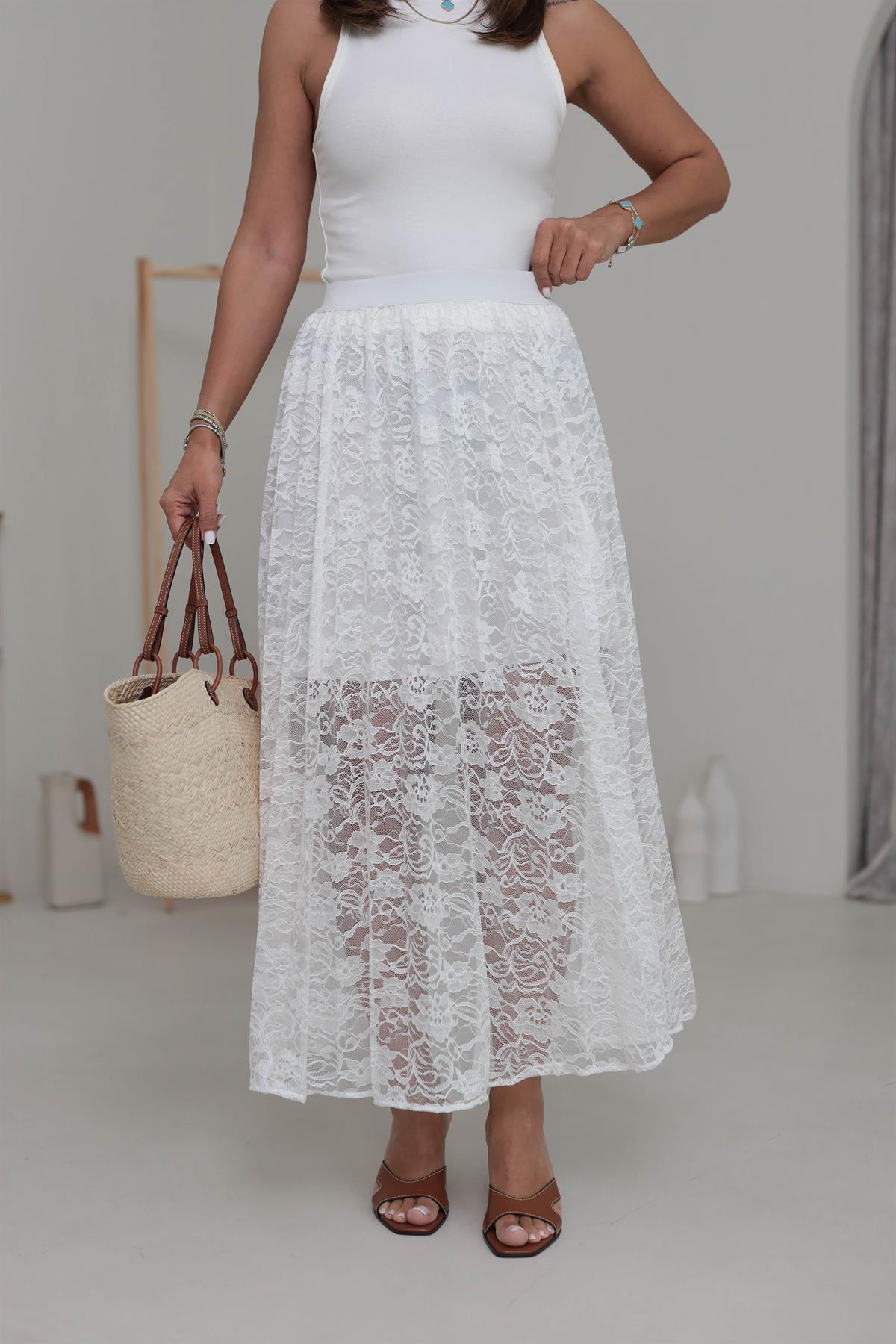 6342 Dantelli Astarlı Etek BEYAZ