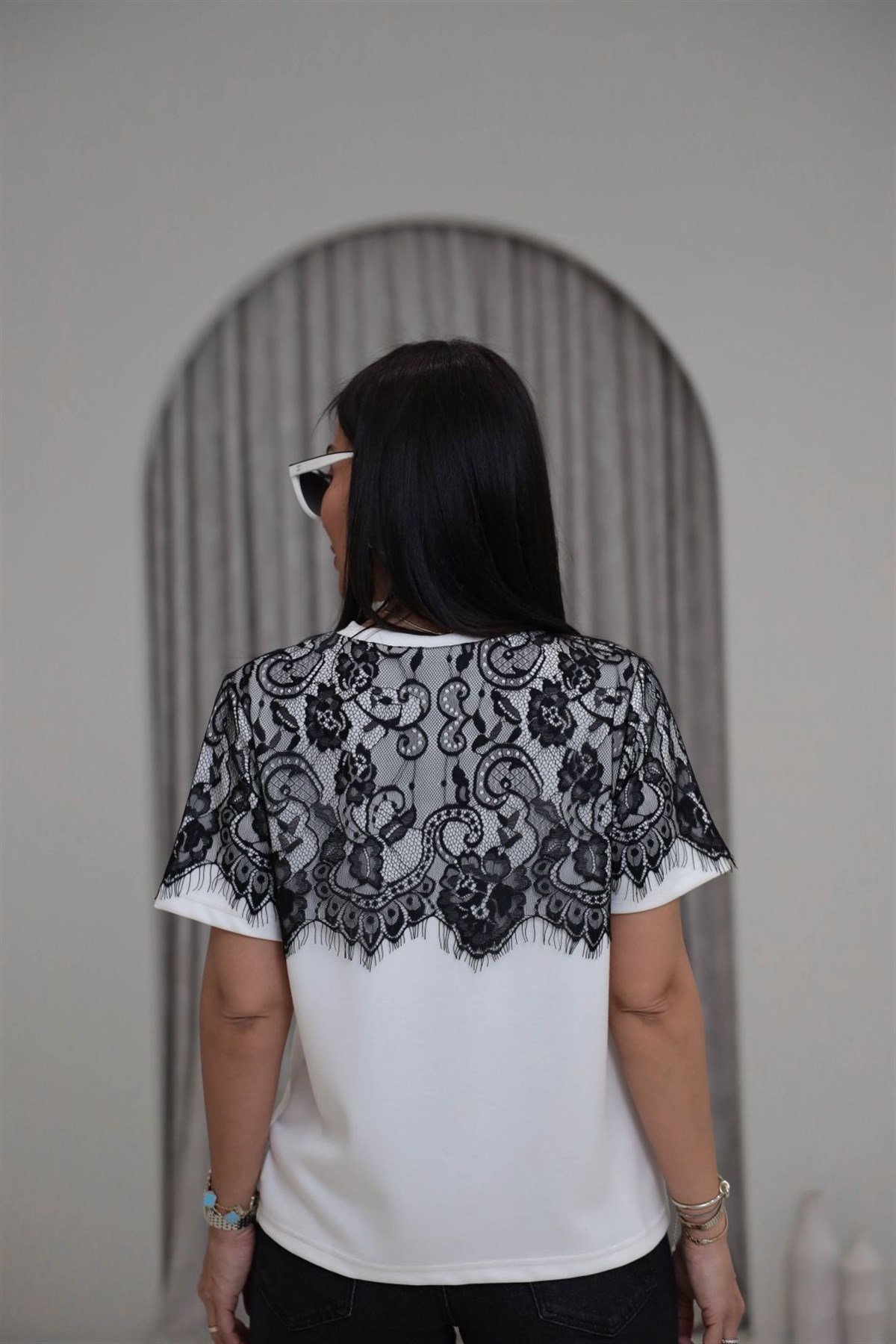 1822 Dantel Garnili Bisiklet Yaka Modal Tshirt EKRU