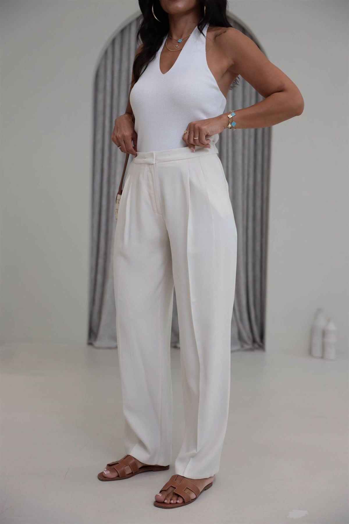 7545 Beli Ayarlanabilir Tencel Pantolon EKRU