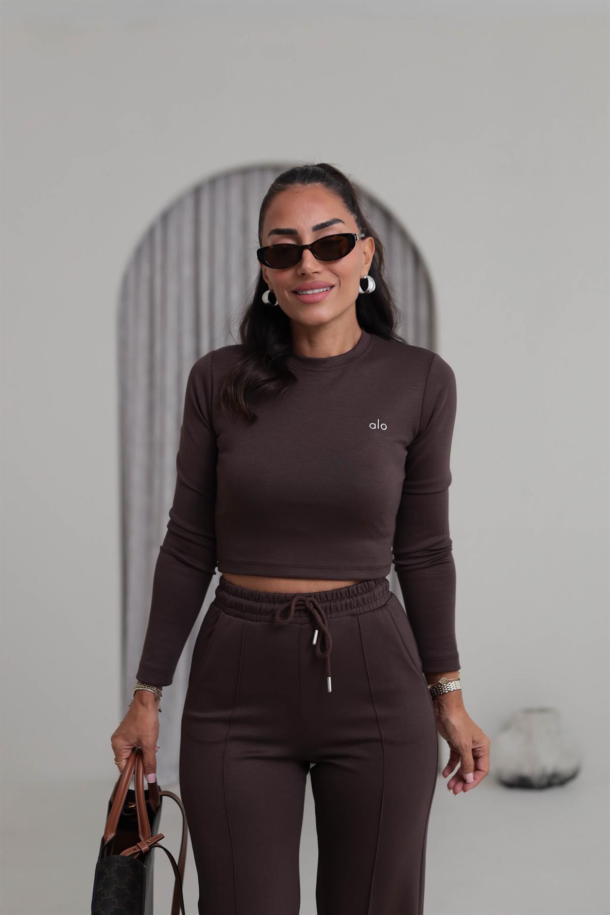 2170 Yazı Detaylı Crop Modal Takım KAHVE