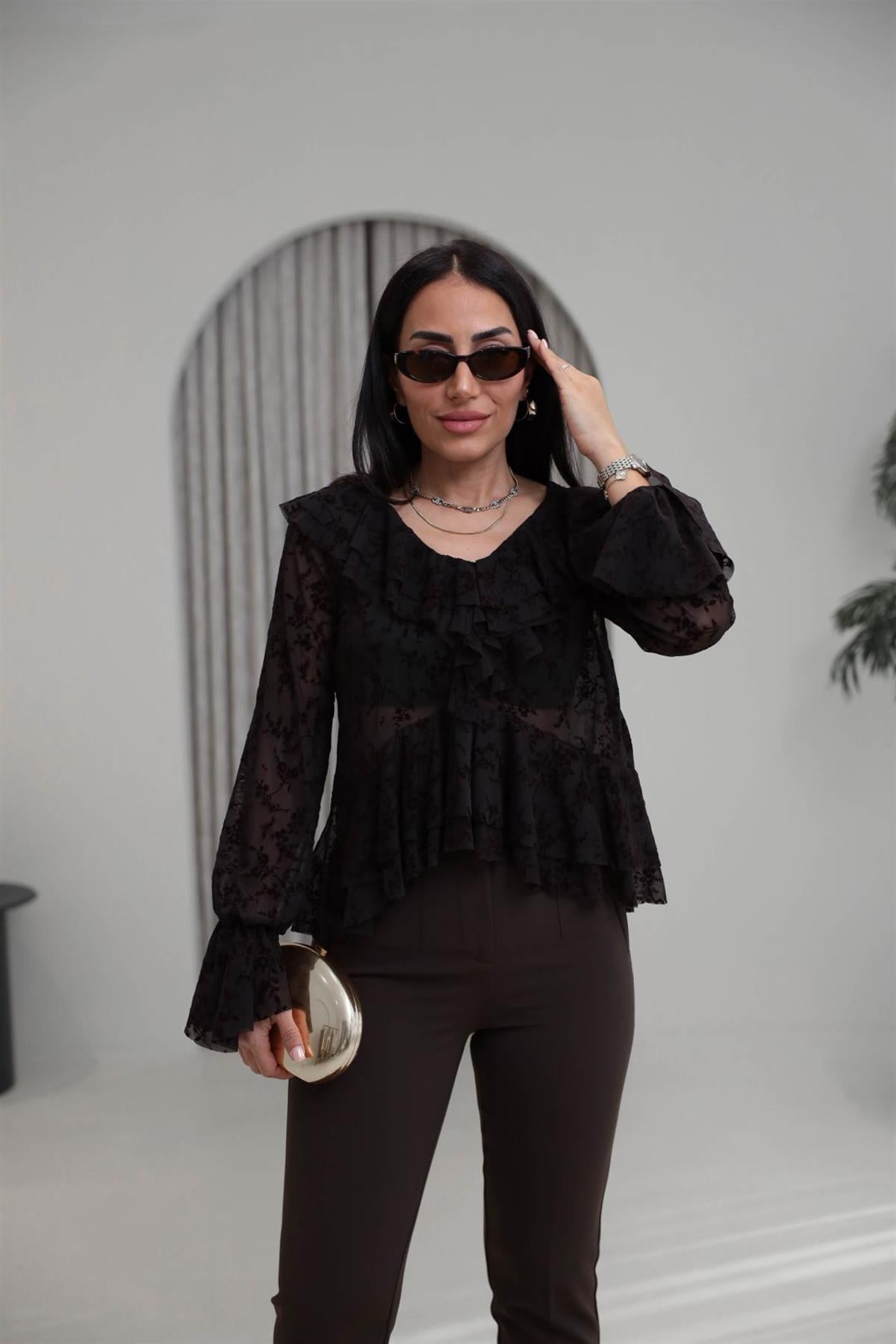 1110 Kadife Baskılı Fırfırlı Tül Bluz KAHVE