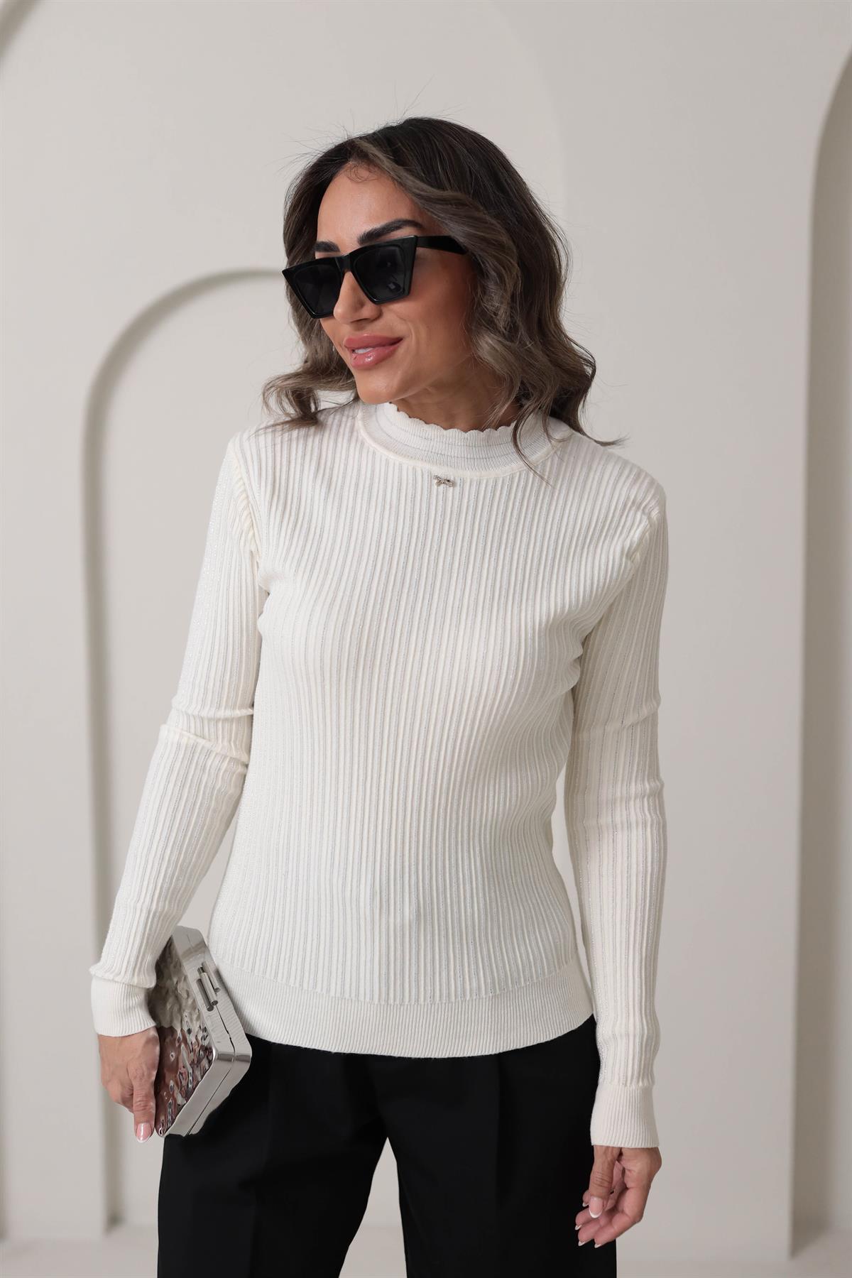 0249 Fitilli Sim İplikli Kurdele Detaylı Triko EKRU
