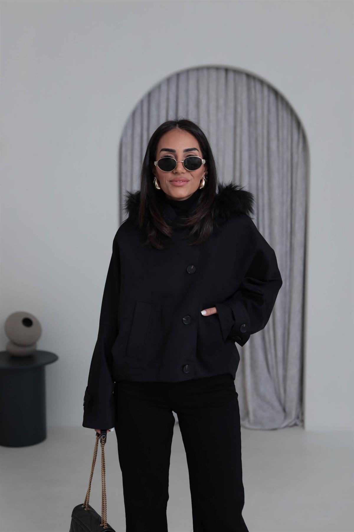 6856 Kürk Kapşonlu Parka SİYAH