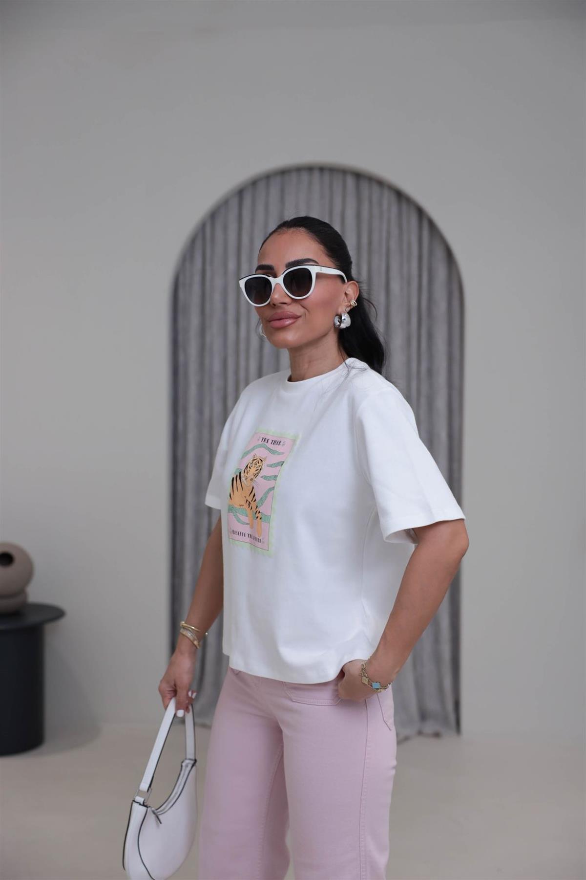 8174 Bisiklet Yaka Kaplan Baskılı Tshirt EKRU