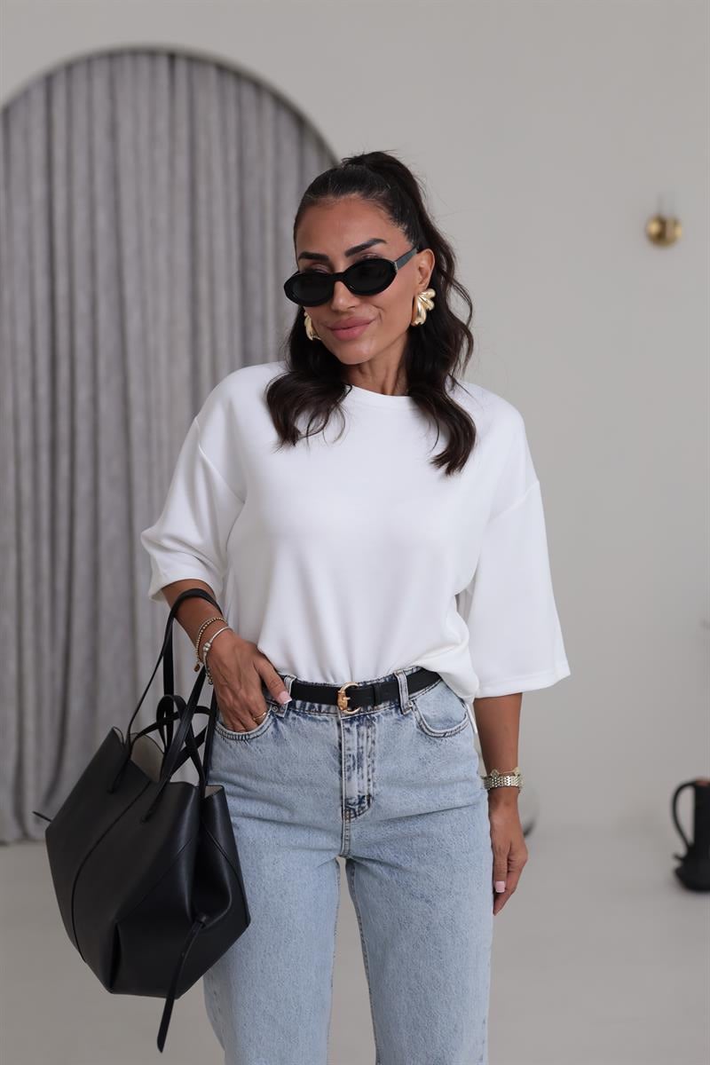 4783 Bisiklet Yaka Rahat Modal Cupra Tshirt BEYAZ