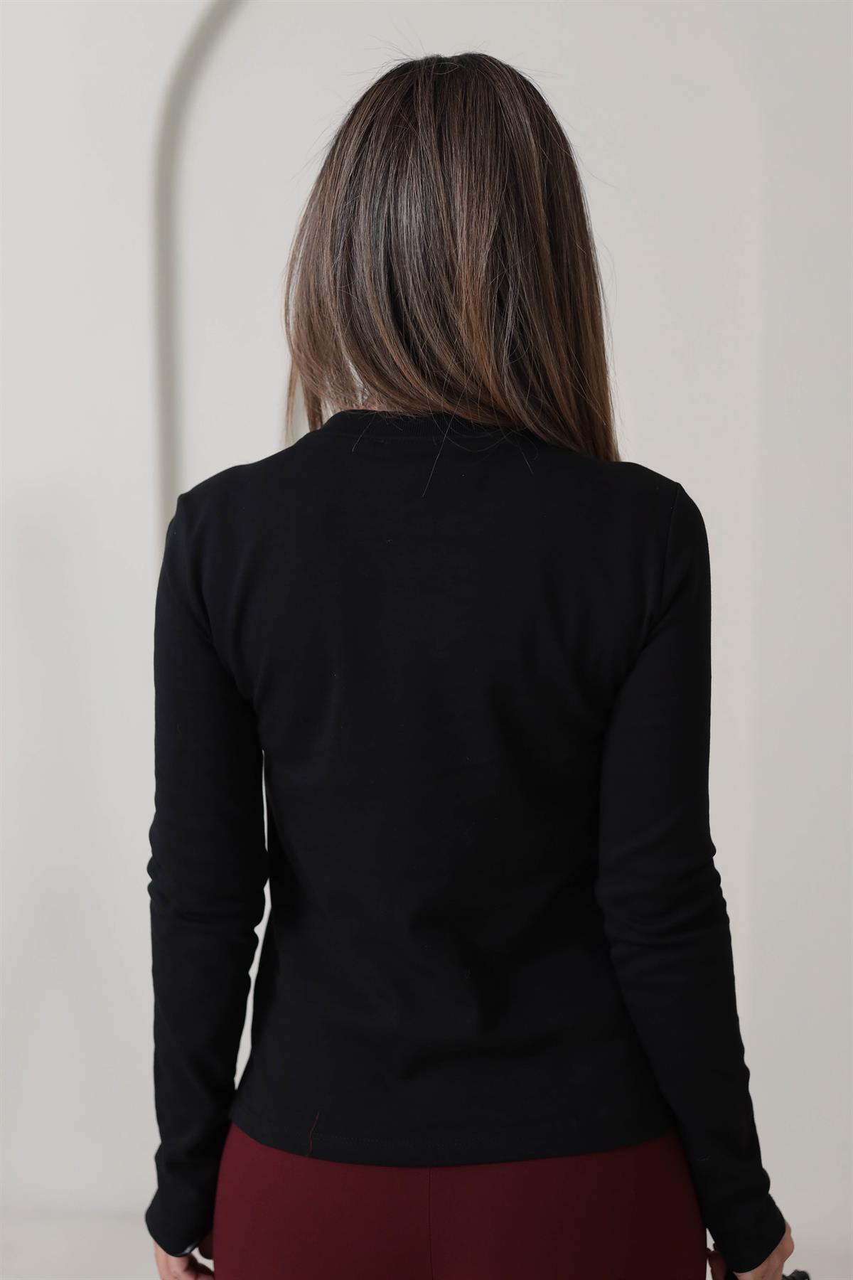 6364 Yaka Ribana Dikişli Uzun Kol Bluz SİYAH