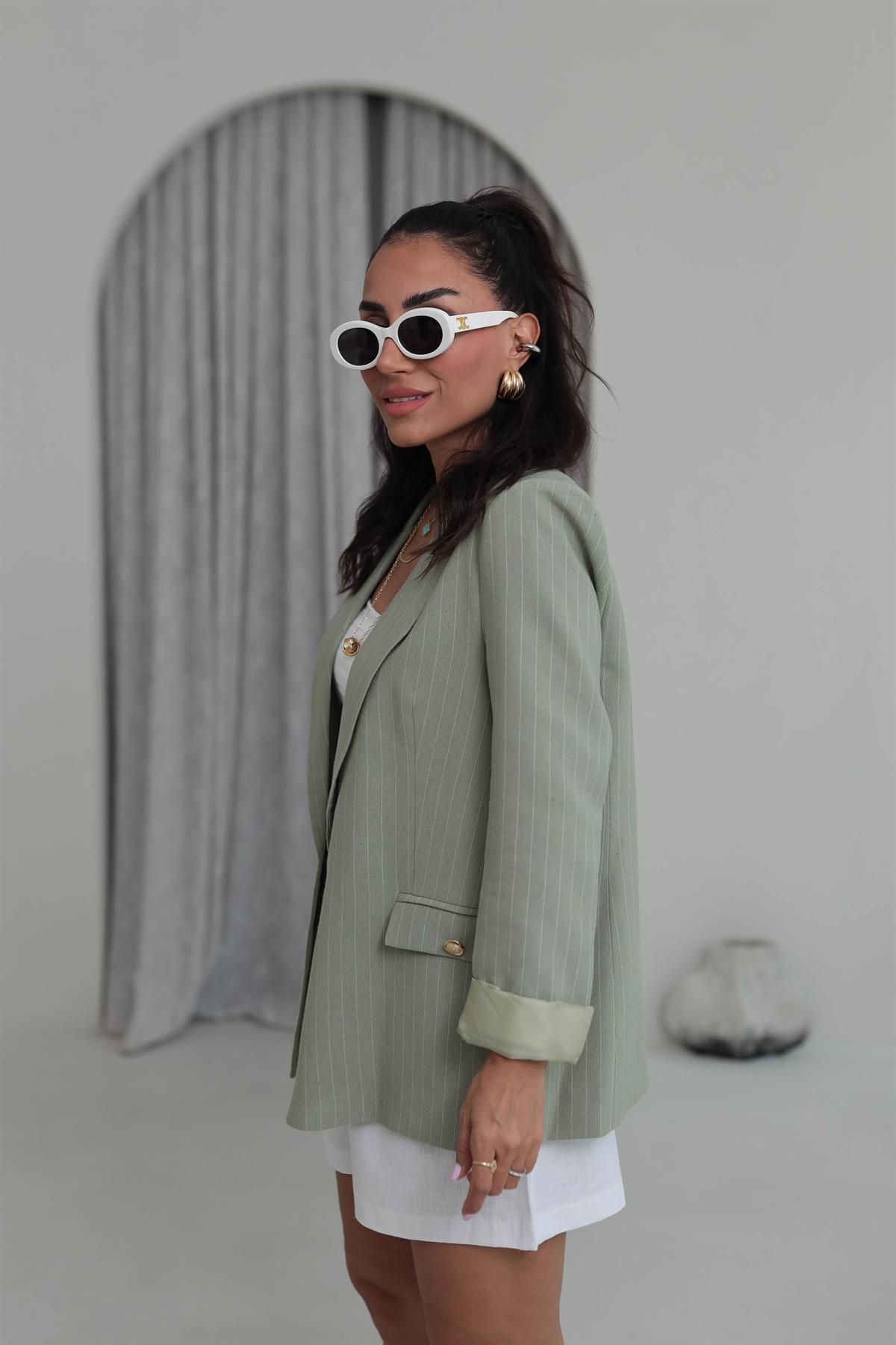 9296 Çizgili Gold Düğmeli Keten Ceket HAKİ YEŞİL