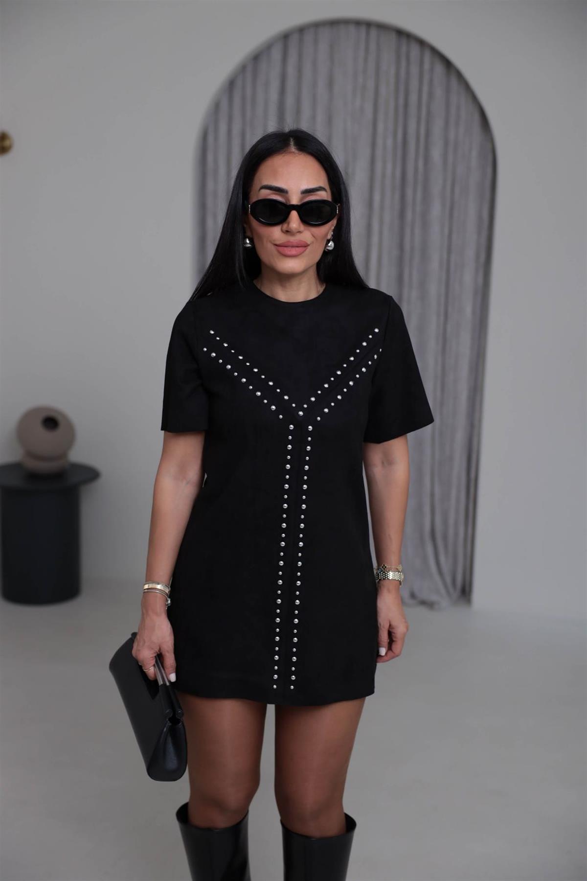 8243 Zımbalı Süet Elbise SİYAH